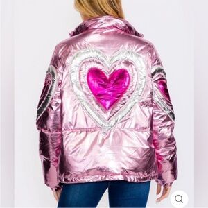Fantastic Fawn Pink and Silver Heart Puffer Jacket